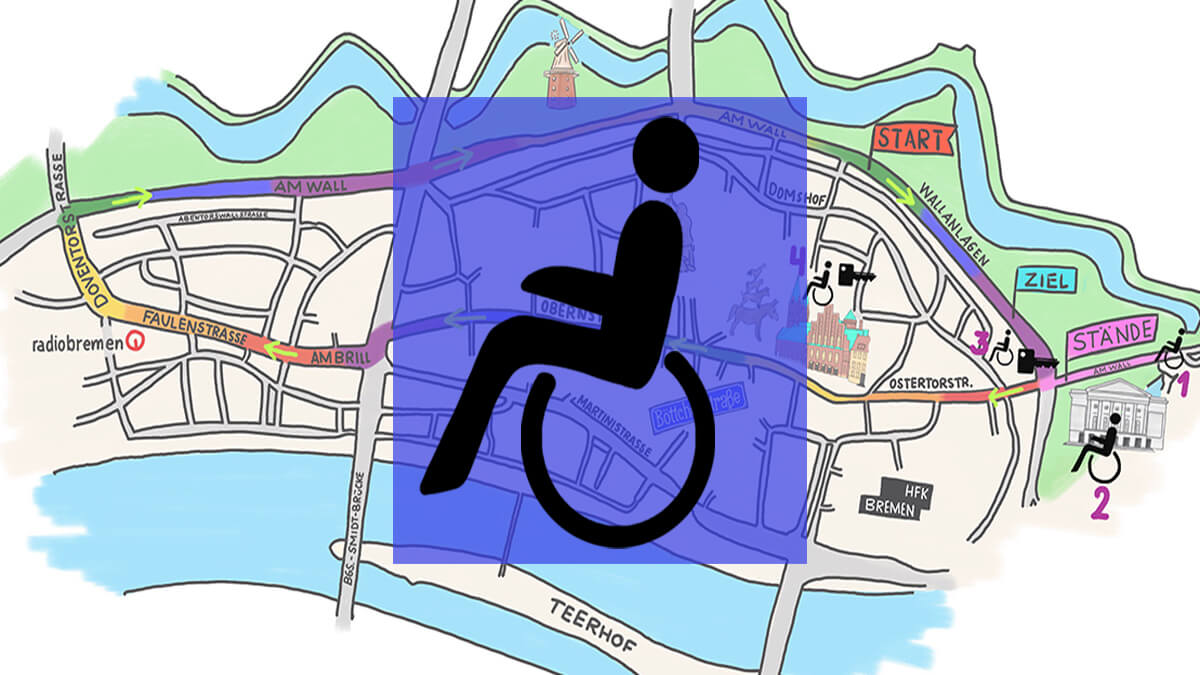 Ein Rollstuhl-Piktogram vor einer Karte der Bremer Innenstadt mit der Demo-Route des CSD Bremen 2018.
